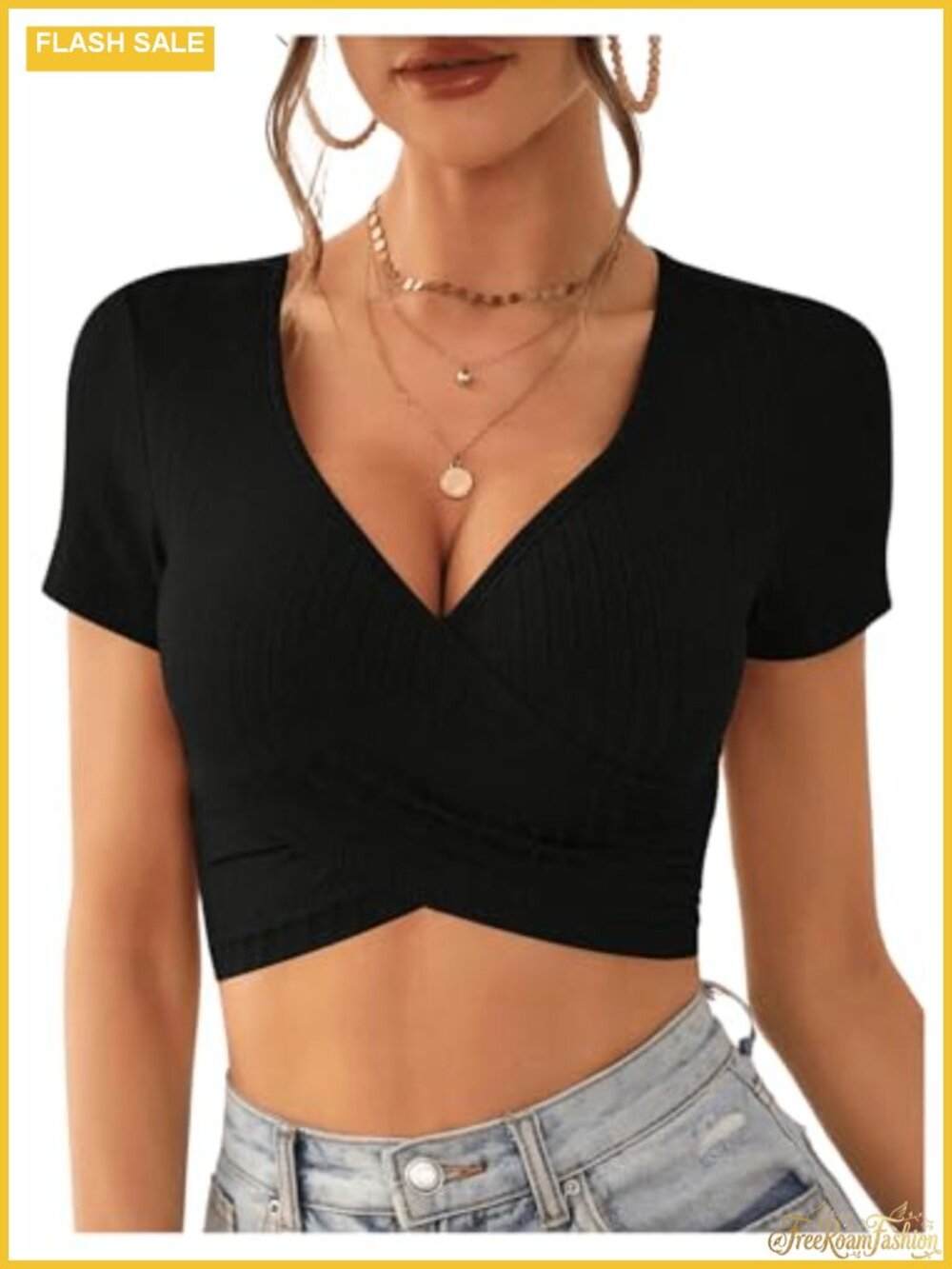 Wrap V Neck Crop Top Short Sleeve Asymmetrical Knit Stretch